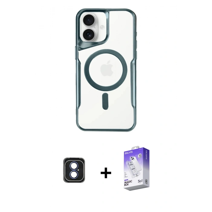 MARSİLYAN™- iPhone 16 Kılıf Yadigar Klasik Özel Seri - Siyah Bilvis 5in1 3D Magic Cam Ekran Koruyucu + Mavi PVD Metal Kamera Lens