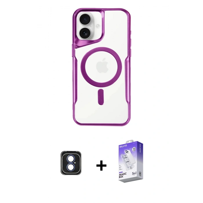 MARSİLYAN™- iPhone 16 Kılıf Yadigar Klasik Özel Seri - Siyah Bilvis 5in1 3D Magic Cam Ekran Koruyucu + Mavi PVD Metal Kamera Lens