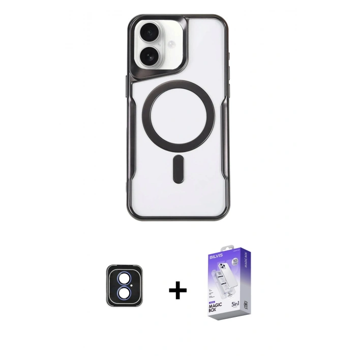 MARSİLYAN™- iPhone 16 Kılıf Yadigar Klasik Özel Seri - Siyah Bilvis 5in1 3D Magic Cam Ekran Koruyucu + Mavi PVD Metal Kamera Lens