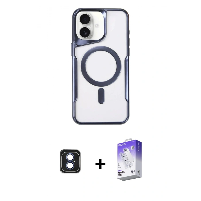 MARSİLYAN™- iPhone 16 Kılıf Yadigar Klasik Özel Seri - Siyah Bilvis 5in1 3D Magic Cam Ekran Koruyucu + Mavi PVD Metal Kamera Lens