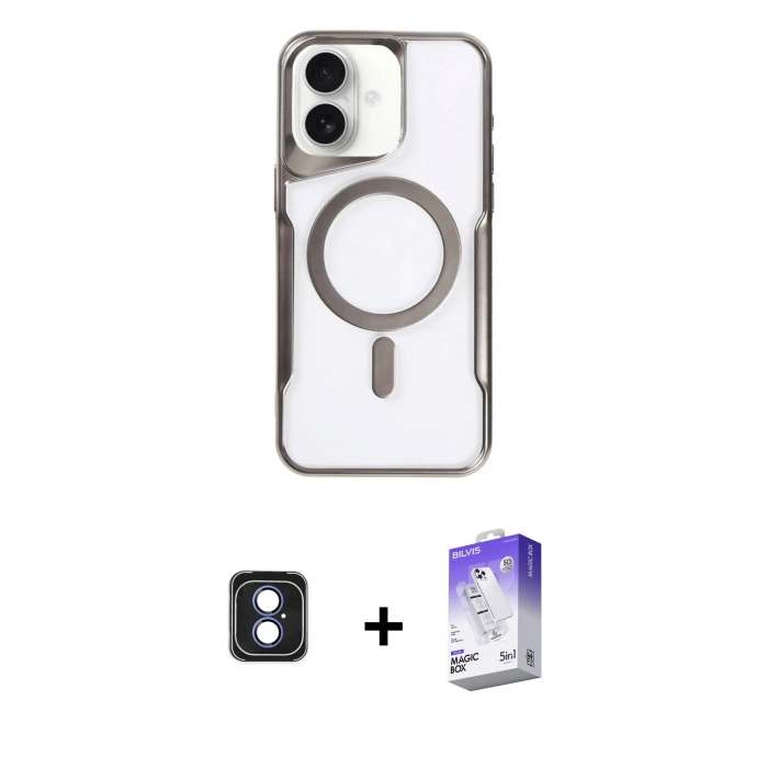 MARSİLYAN™- iPhone 16 Kılıf Yadigar Klasik Özel Seri - Siyah Bilvis 5in1 3D Magic Cam Ekran Koruyucu + Mavi PVD Metal Kamera Lens