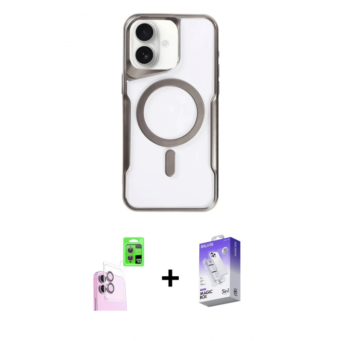 MARSİLYAN™- iPhone 16 Kılıf Yadigar Klasik Özel Seri - Siyah Bilvis 5in1 3D Magic Cam Ekran Koruyucu + Pembe Raze Metal Kamera Lens