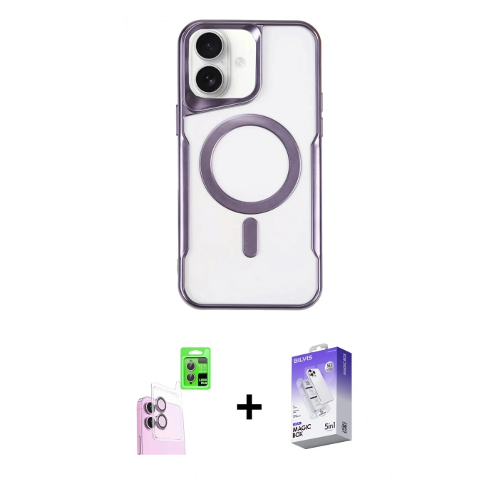 MARSİLYAN™- iPhone 16 Kılıf Yadigar Klasik Özel Seri - Siyah Bilvis 5in1 3D Magic Cam Ekran Koruyucu + Pembe Raze Metal Kamera Lens