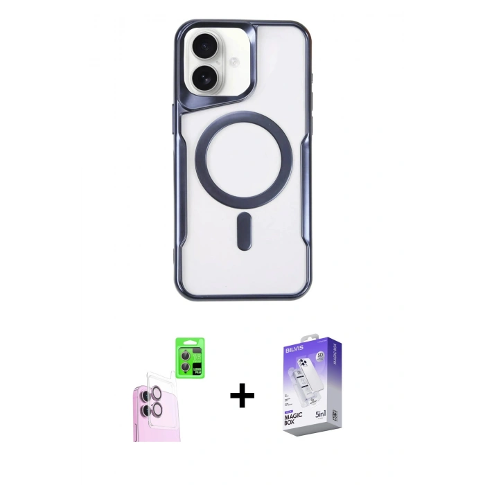 MARSİLYAN™- iPhone 16 Kılıf Yadigar Klasik Özel Seri - Siyah Bilvis 5in1 3D Magic Cam Ekran Koruyucu + Pembe Raze Metal Kamera Lens