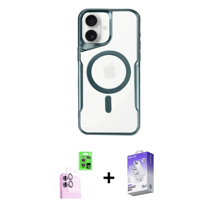 MARSİLYAN™- iPhone 16 Kılıf Yadigar Klasik Özel Seri - Siyah Bilvis 5in1 3D Magic Cam Ekran Koruyucu + Pembe Raze Metal Kamera Lens