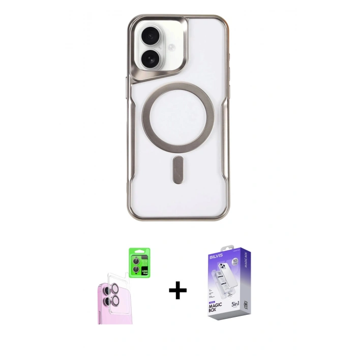 MARSİLYAN™- iPhone 16 Kılıf Yadigar Klasik Özel Seri - Siyah Bilvis 5in1 3D Magic Cam Ekran Koruyucu + Pembe Raze Metal Kamera Lens