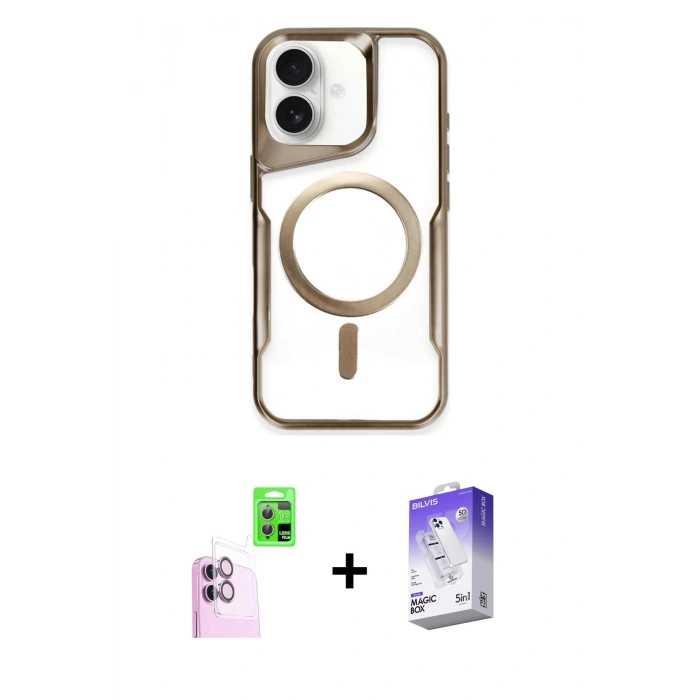 MARSİLYAN™- iPhone 16 Kılıf Yadigar Klasik Özel Seri - Siyah Bilvis 5in1 3D Magic Cam Ekran Koruyucu + Pembe Raze Metal Kamera Lens
