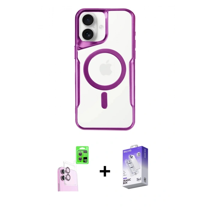 MARSİLYAN™- iPhone 16 Kılıf Yadigar Klasik Özel Seri - Siyah Bilvis 5in1 3D Magic Cam Ekran Koruyucu + Pembe Raze Metal Kamera Lens