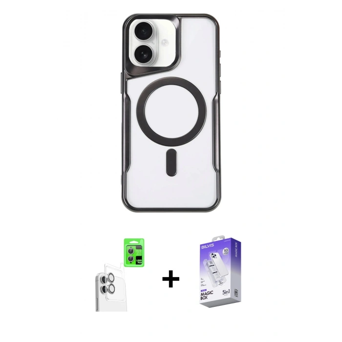 MARSİLYAN™- iPhone 16 Kılıf Yadigar Klasik Özel Seri - Siyah Bilvis 5in1 3D Magic Cam Ekran Koruyucu + Raze Metal Kamera Lens - BZ
