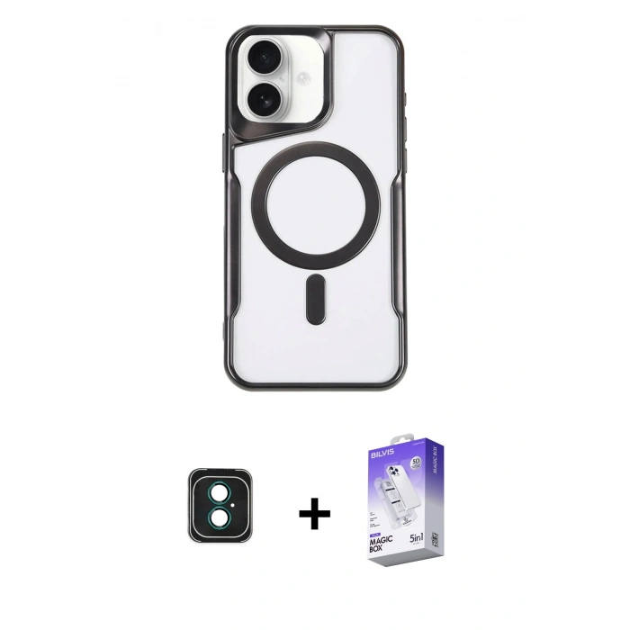 MARSİLYAN™- iPhone 16 Kılıf Yadigar Klasik Özel Seri - Siyah Bilvis 5in1 3D Magic Cam Ekran Koruyucu + PVD Metal Kamera Lens - YL