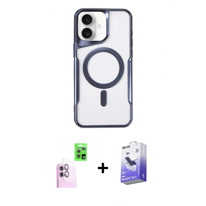 MARSİLYAN™- iPhone 16 Kılıf Yadigar Klasik Özel Seri - Siyah Bilvis 5in1 5D Magic Hayalet Cam Ekran Koruyucu + Raze Metal Kamera Lens - PE