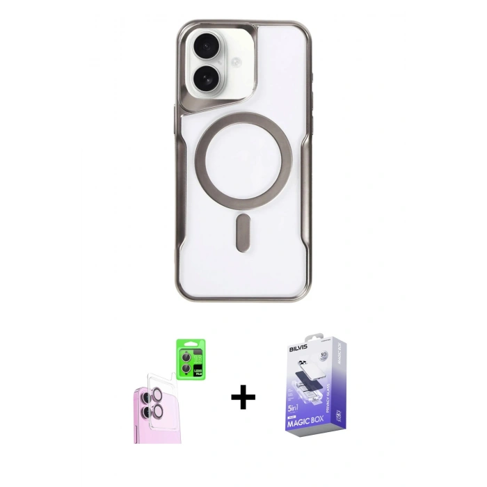 MARSİLYAN™- iPhone 16 Kılıf Yadigar Klasik Özel Seri - Siyah Bilvis 5in1 5D Magic Hayalet Cam Ekran Koruyucu + Raze Metal Kamera Lens - PE