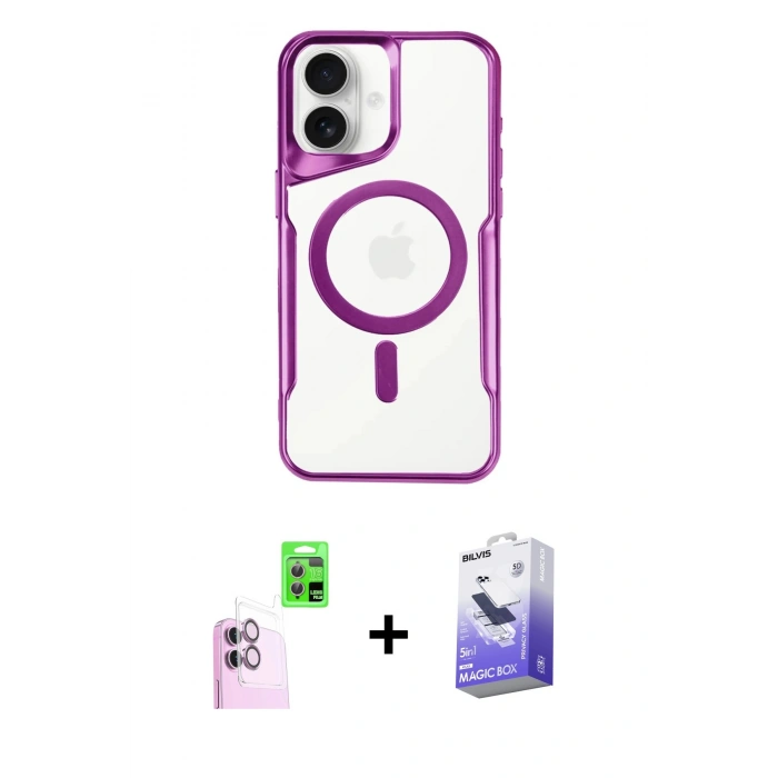 MARSİLYAN™- iPhone 16 Kılıf Yadigar Klasik Özel Seri - Siyah Bilvis 5in1 5D Magic Hayalet Cam Ekran Koruyucu + Raze Metal Kamera Lens - PE