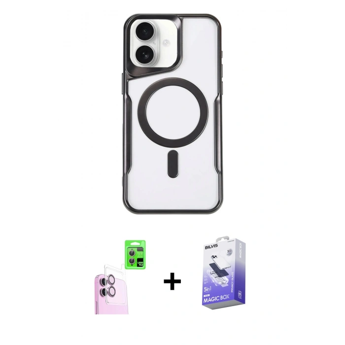MARSİLYAN™- iPhone 16 Kılıf Yadigar Klasik Özel Seri - Siyah Bilvis 5in1 5D Magic Hayalet Cam Ekran Koruyucu + Raze Metal Kamera Lens - PE