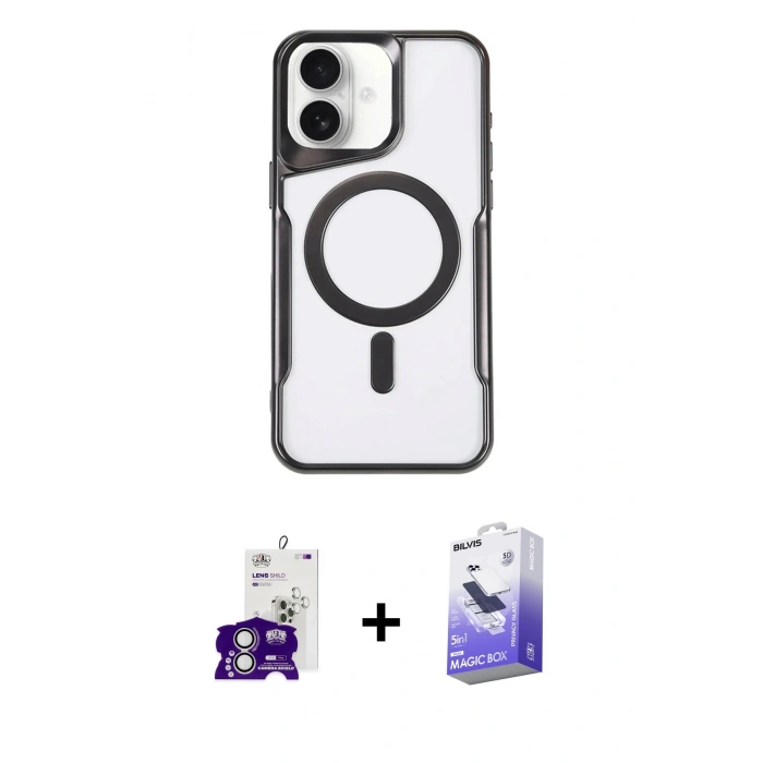 MARSİLYAN™- iPhone 16 Kılıf Yadigar Klasik Özel Seri - Siyah Bilvis 5in1 5D Magic Hayalet Cam Ekran Koruyucu + Bilvis Titan Kamera Lens - GS