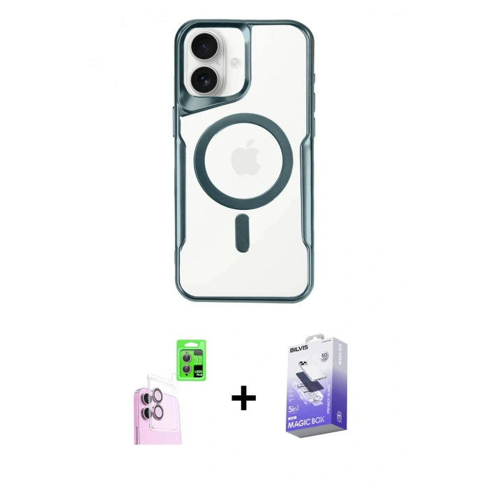 MARSİLYAN™- iPhone 16 Kılıf Yadigar Klasik Özel Seri - Siyah Bilvis 5in1 5D Magic Hayalet Cam Ekran Koruyucu + Raze Metal Kamera Lens - PE