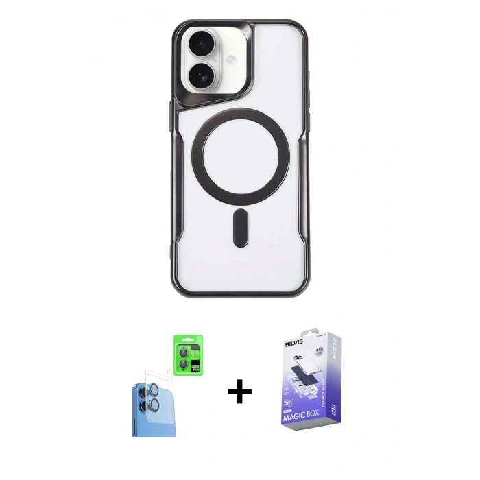 MARSİLYAN™- iPhone 16 Kılıf Yadigar Klasik Özel Seri - Siyah Bilvis 5in1 5D Magic Hayalet Cam Ekran Koruyucu + Raze Metal Kamera Lens - LT