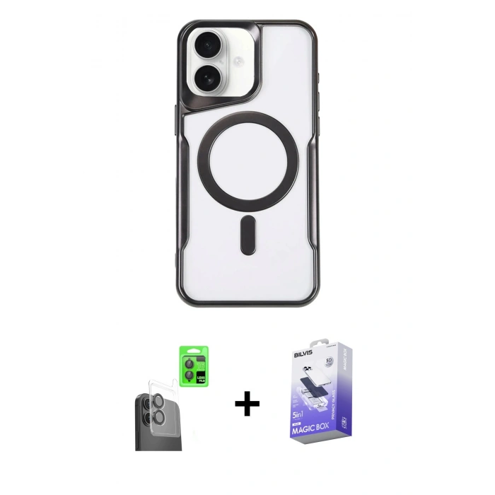 MARSİLYAN™- iPhone 16 Kılıf Yadigar Klasik Özel Seri - Siyah Bilvis 5in1 5D Magic Hayalet Cam Ekran Koruyucu + Raze Metal Kamera Lens - SH