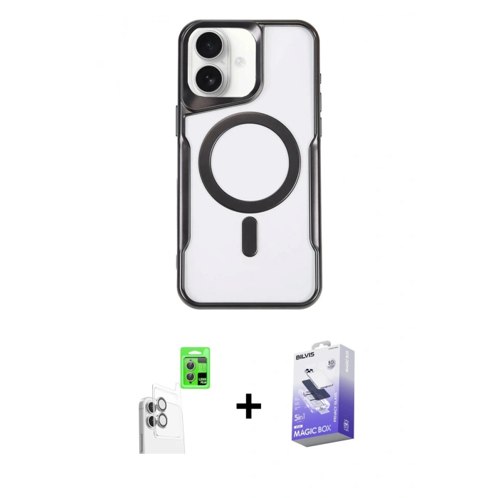 MARSİLYAN™- iPhone 16 Kılıf Yadigar Klasik Özel Seri - Siyah Bilvis 5in1 5D Magic Hayalet Cam Ekran Koruyucu + Raze Metal Kamera Lens - BZ