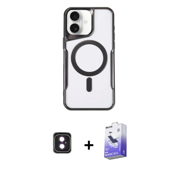 MARSİLYAN™- iPhone 16 Kılıf Yadigar Klasik Özel Seri - Siyah Bilvis 5in1 5D Magic Hayalet Cam Ekran Koruyucu + Pembe PVD Metal Kamera Lens