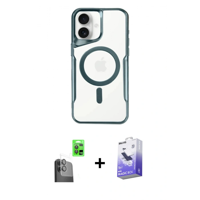 MARSİLYAN™- iPhone 16 Kılıf Yadigar Klasik Özel Seri - Siyah Bilvis 5in1 5D Magic Hayalet Cam Ekran Koruyucu + Raze Metal Kamera Lens - SH