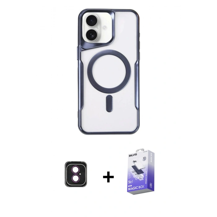 MARSİLYAN™- iPhone 16 Kılıf Yadigar Klasik Özel Seri - Siyah Bilvis 5in1 5D Magic Hayalet Cam Ekran Koruyucu + Pembe PVD Metal Kamera Lens