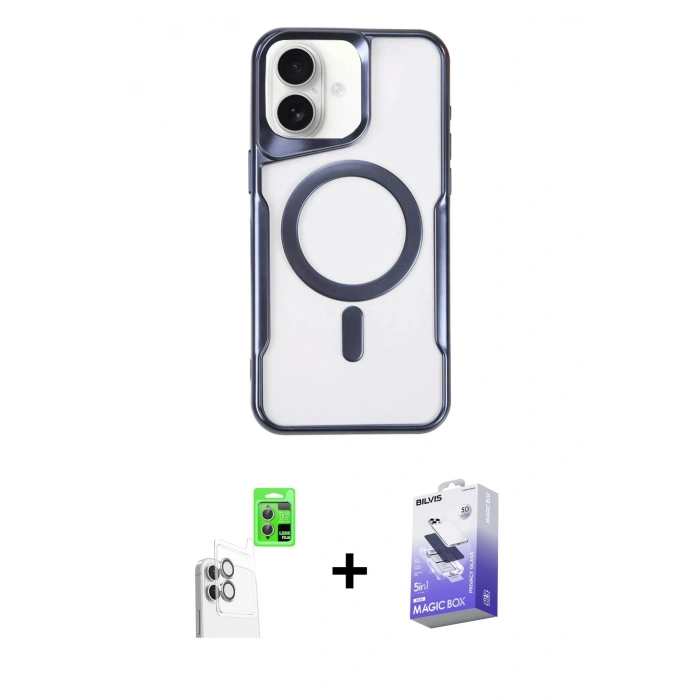 MARSİLYAN™- iPhone 16 Kılıf Yadigar Klasik Özel Seri - Siyah Bilvis 5in1 5D Magic Hayalet Cam Ekran Koruyucu + Raze Metal Kamera Lens - BZ
