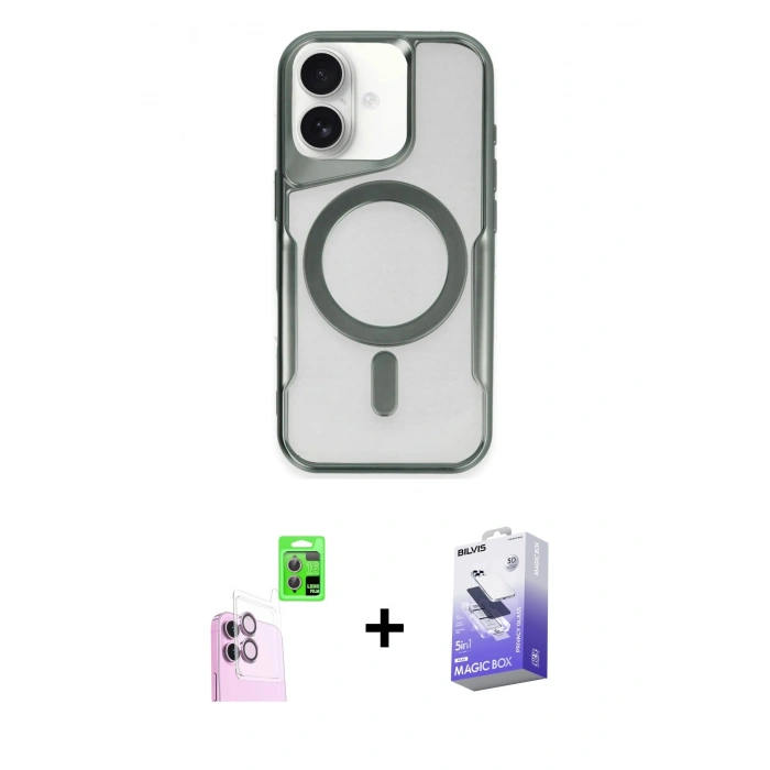 MARSİLYAN™- iPhone 16 Kılıf Yadigar Klasik Özel Seri - Siyah Bilvis 5in1 5D Magic Hayalet Cam Ekran Koruyucu + Raze Metal Kamera Lens - PE