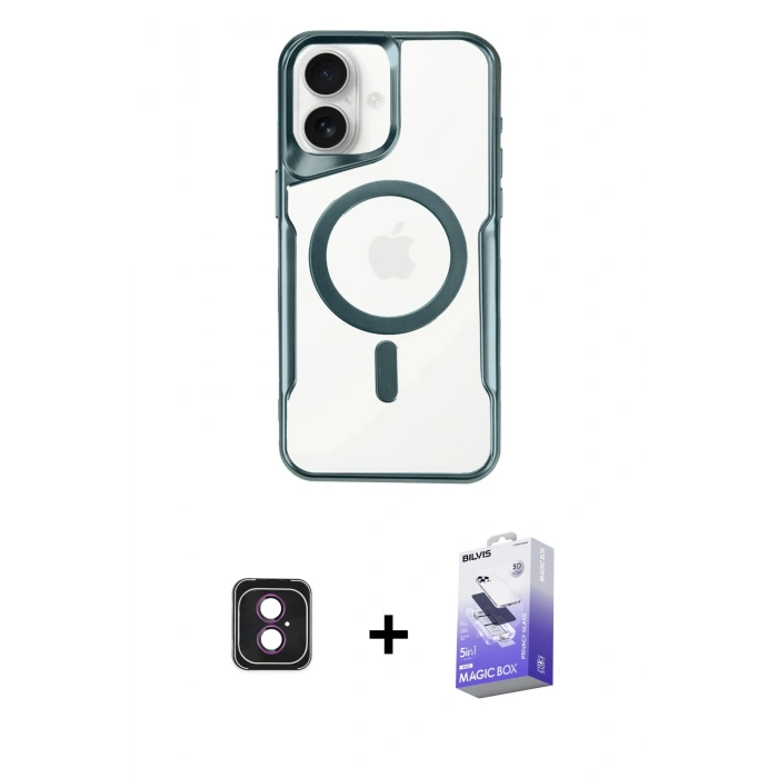 MARSİLYAN™- iPhone 16 Kılıf Yadigar Klasik Özel Seri - Siyah Bilvis 5in1 5D Magic Hayalet Cam Ekran Koruyucu + Pembe PVD Metal Kamera Lens