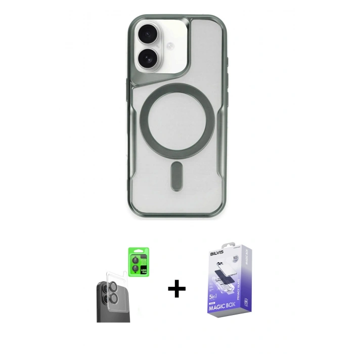 MARSİLYAN™- iPhone 16 Kılıf Yadigar Klasik Özel Seri - Siyah Bilvis 5in1 5D Magic Hayalet Cam Ekran Koruyucu + Raze Metal Kamera Lens - SH