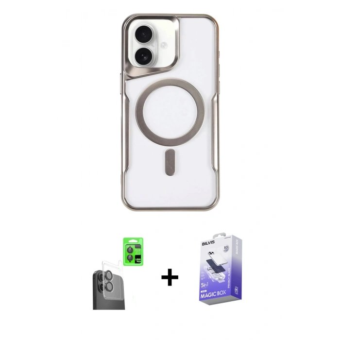 MARSİLYAN™- iPhone 16 Kılıf Yadigar Klasik Özel Seri - Siyah Bilvis 5in1 5D Magic Hayalet Cam Ekran Koruyucu + Raze Metal Kamera Lens - SH