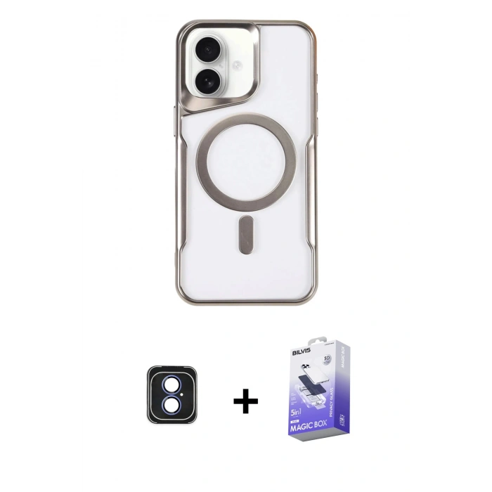 MARSİLYAN™- iPhone 16 Kılıf Yadigar Klasik Özel Seri - Siyah Bilvis 5in1 5D Magic Hayalet Cam Ekran Koruyucu + PVD Metal Kamera Lens - MI