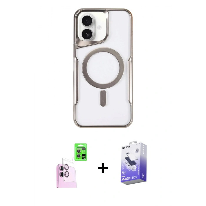 MARSİLYAN™- iPhone 16 Kılıf Yadigar Klasik Özel Seri - Siyah Bilvis 5in1 5D Magic Hayalet Cam Ekran Koruyucu + Raze Metal Kamera Lens - PE