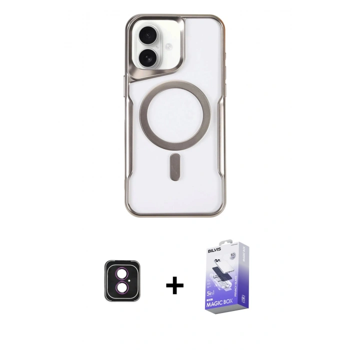 MARSİLYAN™- iPhone 16 Kılıf Yadigar Klasik Özel Seri - Siyah Bilvis 5in1 5D Magic Hayalet Cam Ekran Koruyucu + Pembe PVD Metal Kamera Lens