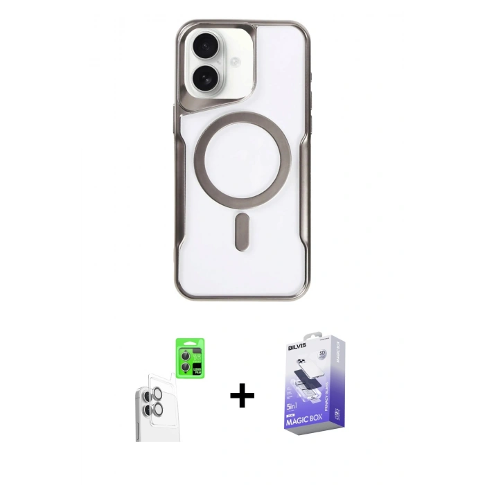 MARSİLYAN™- iPhone 16 Kılıf Yadigar Klasik Özel Seri - Siyah Bilvis 5in1 5D Magic Hayalet Cam Ekran Koruyucu + Raze Metal Kamera Lens - BZ