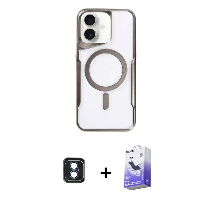 MARSİLYAN™- iPhone 16 Kılıf Yadigar Klasik Özel Seri - Siyah Bilvis 5in1 5D Magic Hayalet Cam Ekran Koruyucu + PVD Metal Kamera Lens - MI