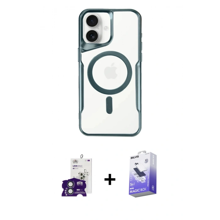 MARSİLYAN™- iPhone 16 Kılıf Yadigar Klasik Özel Seri - Siyah Bilvis 5in1 5D Magic Hayalet Cam Ekran Koruyucu + Yeşil Bilvis Titan Kamera Lens