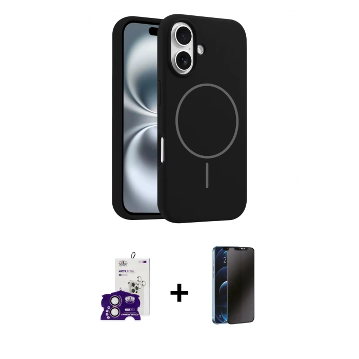MARSİLYAN™- iPhone 16 Kılıf Yankı Form Serisi - Siyah 3D Antistatik Hayalet Cam Ekran Koruyucu + Bilvis Titan Kamera Lens - PE