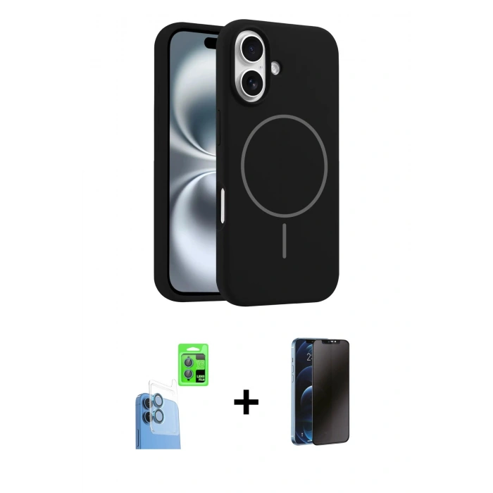 MARSİLYAN™- iPhone 16 Kılıf Yankı Form Serisi - Siyah 3D Antistatik Hayalet Cam Ekran Koruyucu + Raze Metal Kamera Lens - LT