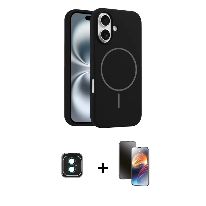 MARSİLYAN™- iPhone 16 Kılıf Yankı Form Serisi - Siyah 3D Antistatik Mat Seramik Nano Ekran Koruyucu + PVD Metal Kamera Lens - YL