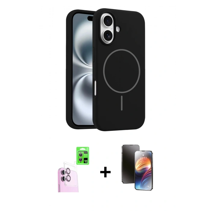 MARSİLYAN™- iPhone 16 Kılıf Yankı Form Serisi - Siyah 3D Antistatik Mat Seramik Nano Ekran Koruyucu + Raze Metal Kamera Lens - PE