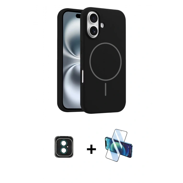 MARSİLYAN™- iPhone 16 Kılıf Yankı Form Serisi - Siyah 3D Antistatik Seramik Nano Ekran Koruyucu + PVD Metal Kamera Lens - YL