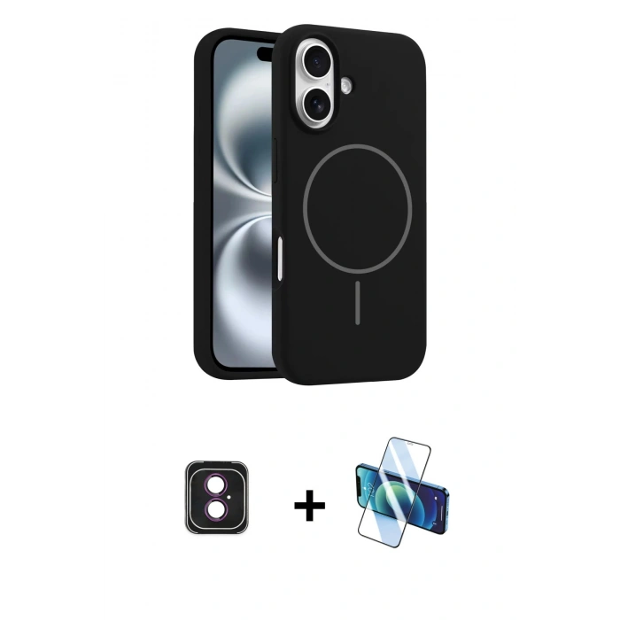 MARSİLYAN™- iPhone 16 Kılıf Yankı Form Serisi - Siyah 3D Antistatik Seramik Nano Ekran Koruyucu + PVD Metal Kamera Lens - PE