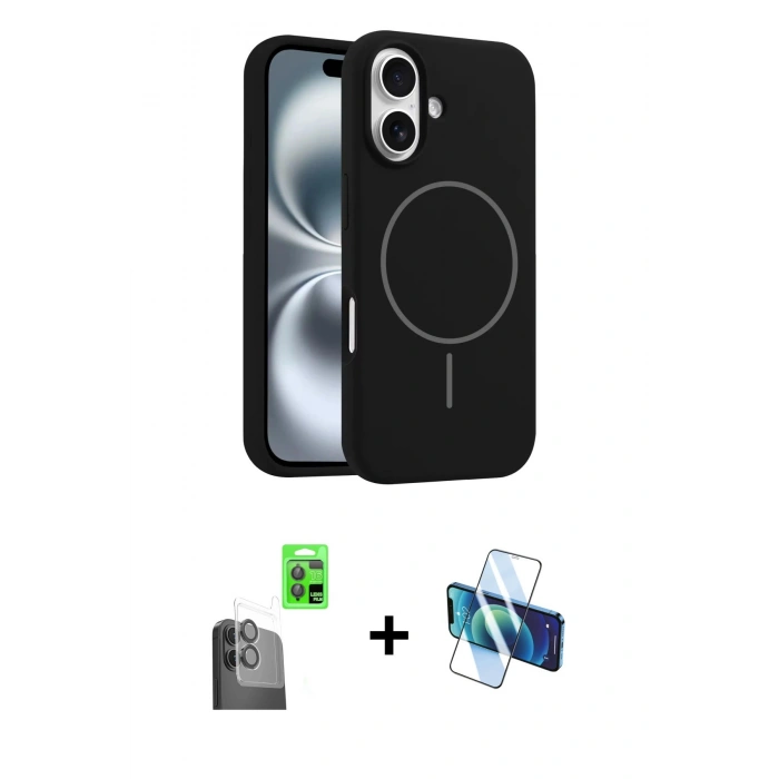MARSİLYAN™- iPhone 16 Kılıf Yankı Form Serisi - Siyah 3D Antistatik Seramik Nano Ekran Koruyucu + Raze Metal Kamera Lens - SH