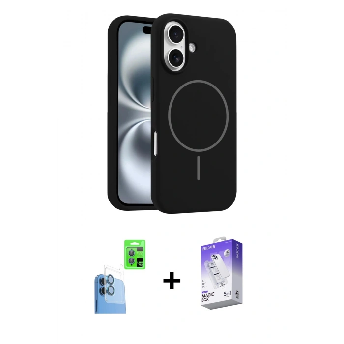 MARSİLYAN™- iPhone 16 Kılıf Yankı Form Serisi - Siyah Bilvis 5in1 3D Magic Cam Ekran Koruyucu + Raze Metal Kamera Lens - LT