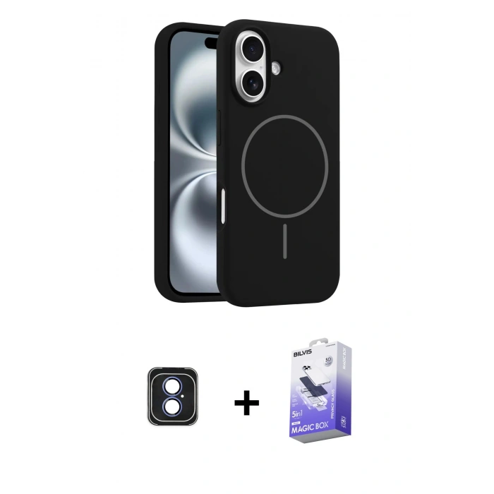 MARSİLYAN™- iPhone 16 Kılıf Yankı Form Serisi - Siyah Bilvis 5in1 5D Magic Hayalet Cam Ekran Koruyucu + PVD Metal Kamera Lens - MI