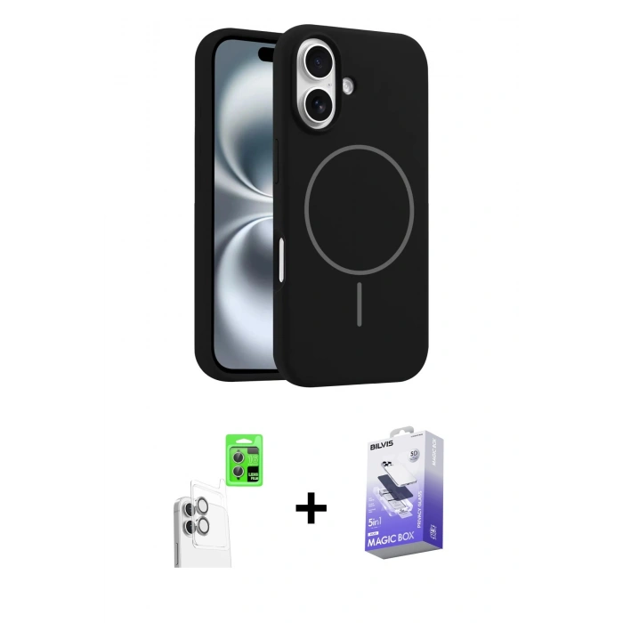 MARSİLYAN™- iPhone 16 Kılıf Yankı Form Serisi - Siyah Bilvis 5in1 5D Magic Hayalet Cam Ekran Koruyucu + Raze Metal Kamera Lens - BZ