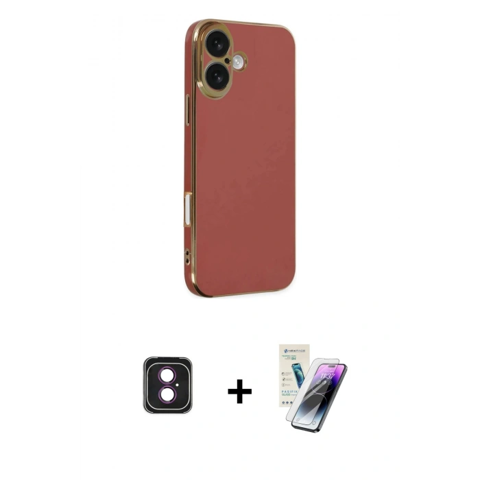 MARSİLYAN™- iPhone 16 Kılıf Yankı Serisi - Şeffaf Pasifik Cam Ekran Koruyucu + PVD Metal Kamera Lens - PE