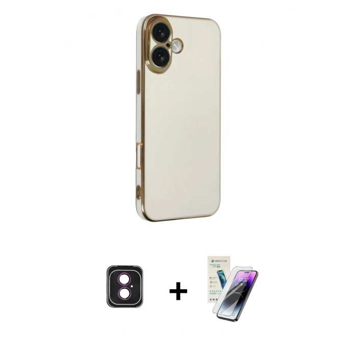 MARSİLYAN™- iPhone 16 Kılıf Yankı Serisi - Şeffaf Pasifik Cam Ekran Koruyucu + PVD Metal Kamera Lens - PE