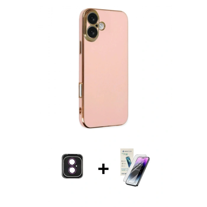 MARSİLYAN™- iPhone 16 Kılıf Yankı Serisi - Şeffaf Pasifik Cam Ekran Koruyucu + PVD Metal Kamera Lens - PE